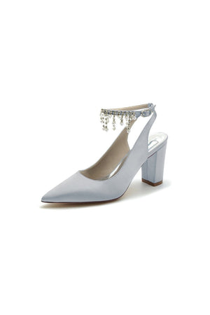 Pointed Toe Satin Chunky Heels With Pearl Tassel - KissProm