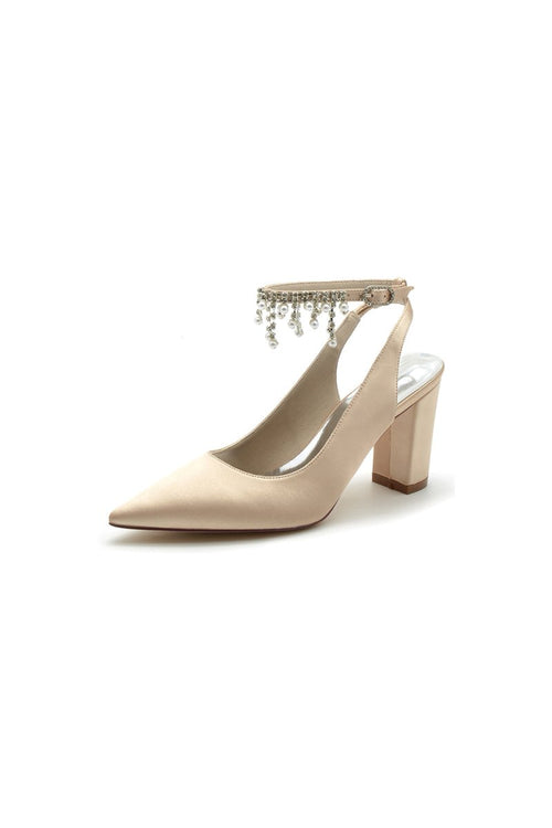 Pointed Toe Satin Chunky Heels With Pearl Tassel - KissProm