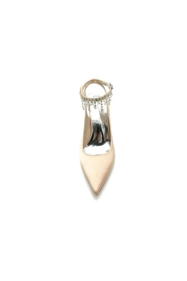 Pointed Toe Satin Chunky Heels With Pearl Tassel - KissProm