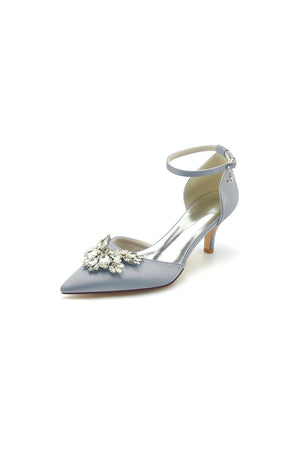 Pointed Toe Satin Kitten Heels With Rhinestone - KissProm