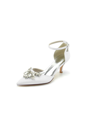 Pointed Toe Satin Kitten Heels With Rhinestone - KissProm