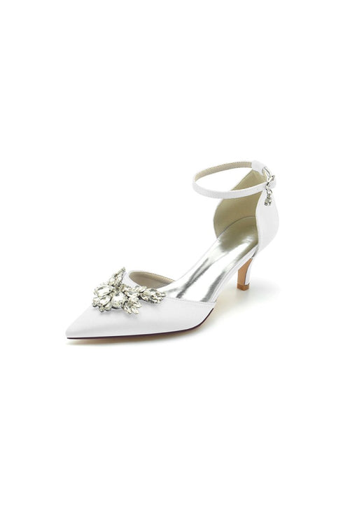 Pointed Toe Satin Kitten Heels With Rhinestone - KissProm