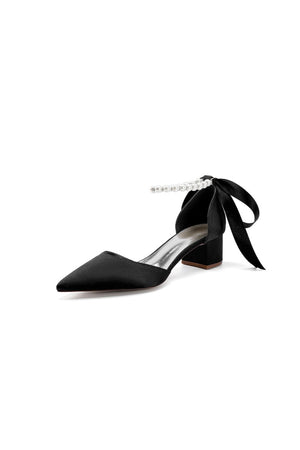 Pointed Toe Satin Pearl Ankle Strap Block Heels With Ribbon Tie - KissProm