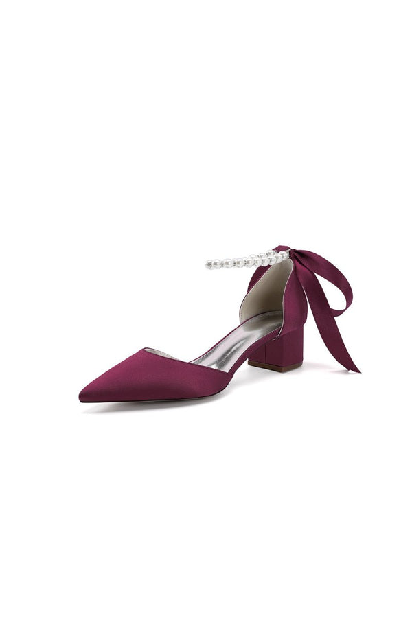 Pointed Toe Satin Pearl Ankle Strap Block Heels With Ribbon Tie - KissProm