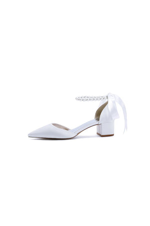 Pointed Toe Satin Pearl Ankle Strap Block Heels With Ribbon Tie - KissProm