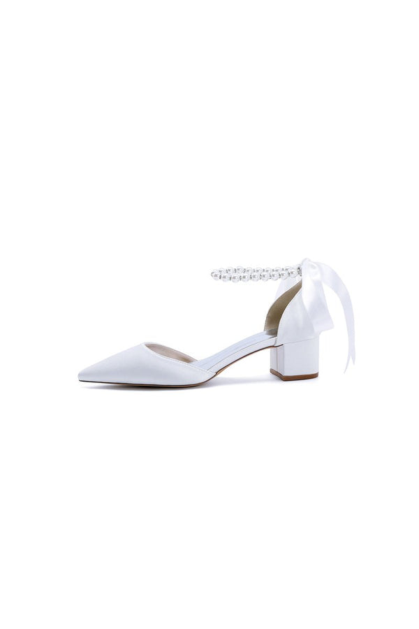 Pointed Toe Satin Pearl Ankle Strap Block Heels With Ribbon Tie - KissProm