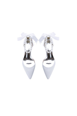 Pointed Toe Satin Pearl Ankle Strap Block Heels With Ribbon Tie - KissProm