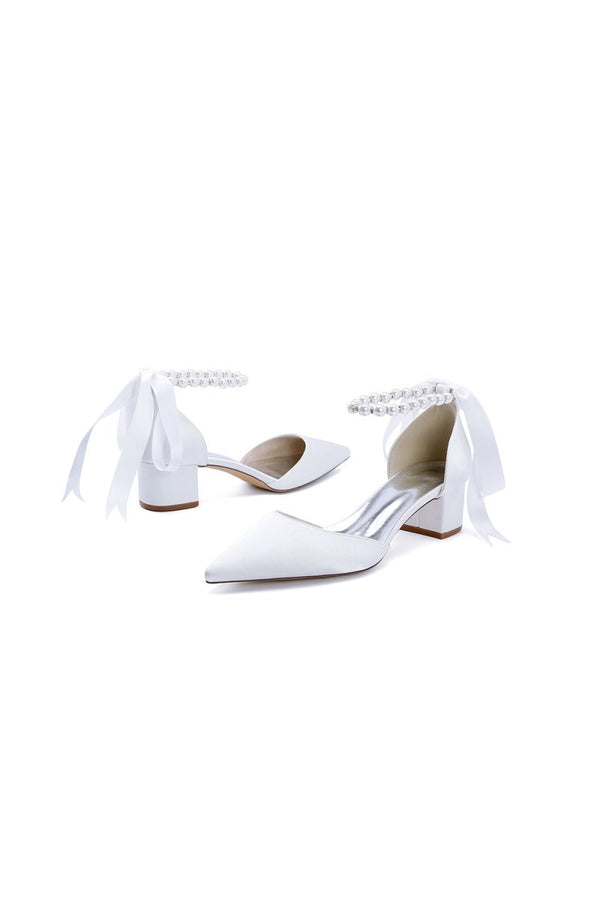 Pointed Toe Satin Pearl Ankle Strap Block Heels With Ribbon Tie - KissProm