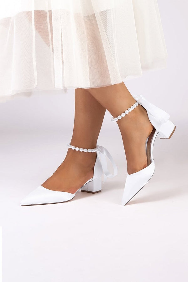 Pointed Toe Satin Pearl Ankle Strap Block Heels With Ribbon Tie - KissProm