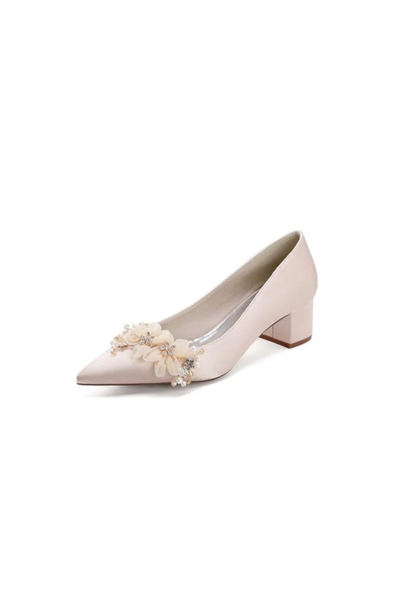 Pointed Toe Satin Slip - on Chunky Wedding Shoes With Flower - KissProm