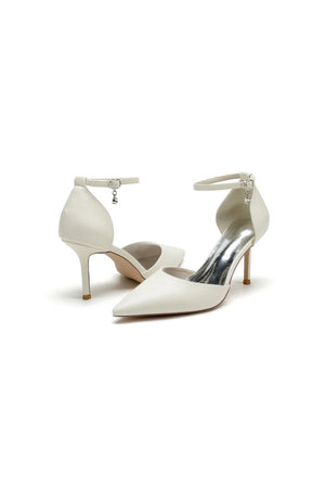 Pointed Toe Sexy Ankle Strap White Satin Wedding Shoes - KissProm