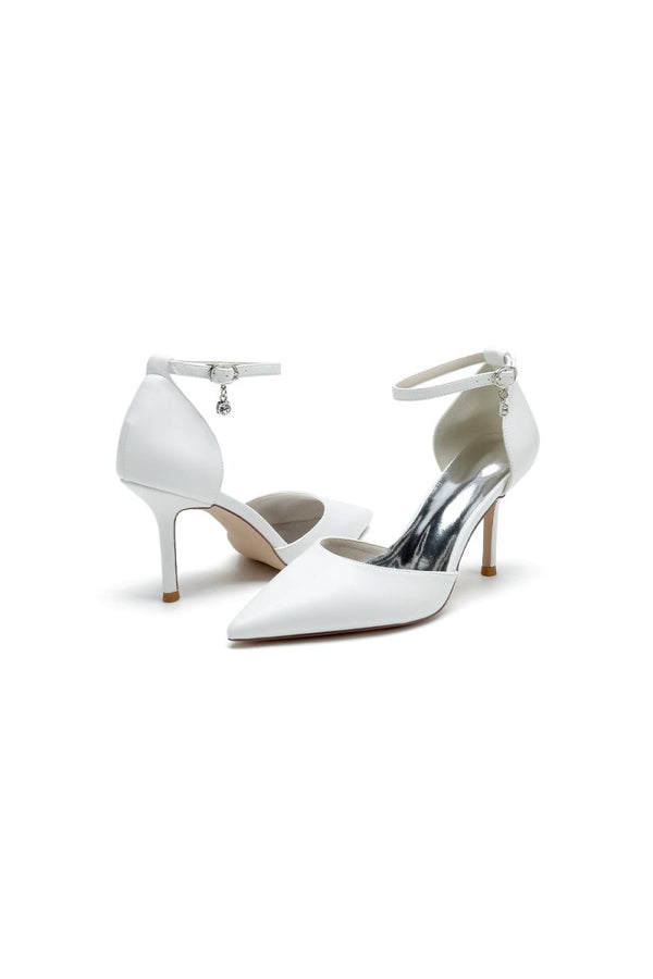 Pointed Toe Sexy Ankle Strap White Satin Wedding Shoes - KissProm