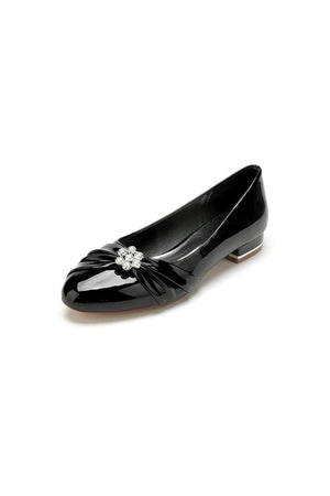 Pointed Toe Slip - on Patent Leather Low Heels With Rhinestone - KissProm