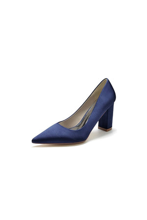 Pointed Toe Slip - on Satin Chunky Heels - KissProm