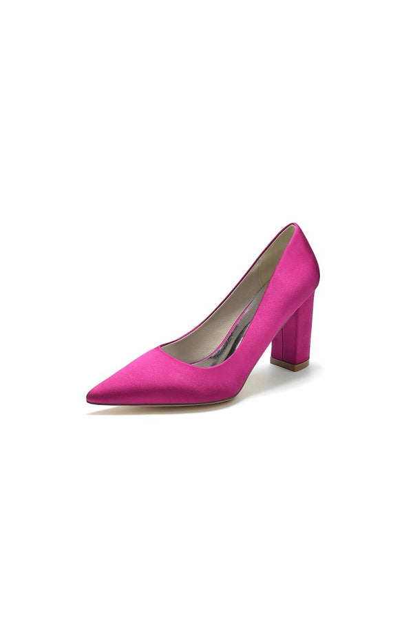 Pointed Toe Slip - on Satin Chunky Heels - KissProm
