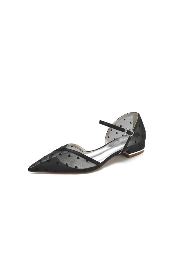 Pointed Toe Strap Buckle Mesh Low Heels - KissProm