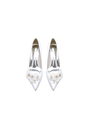 Pointed Toe White Rhinestone Chunky Heels with Flower - KissProm