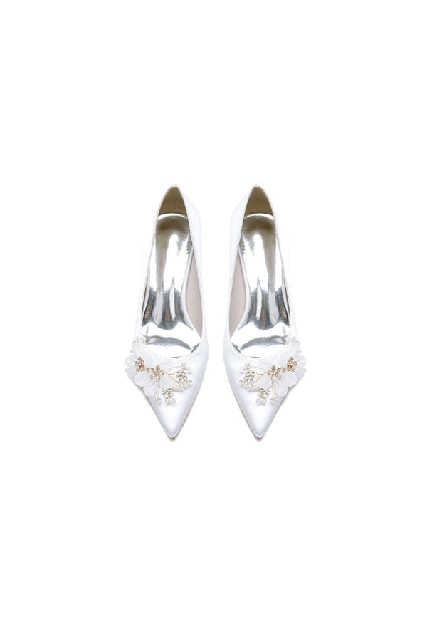 Pointed Toe White Rhinestone Chunky Heels with Flower - KissProm
