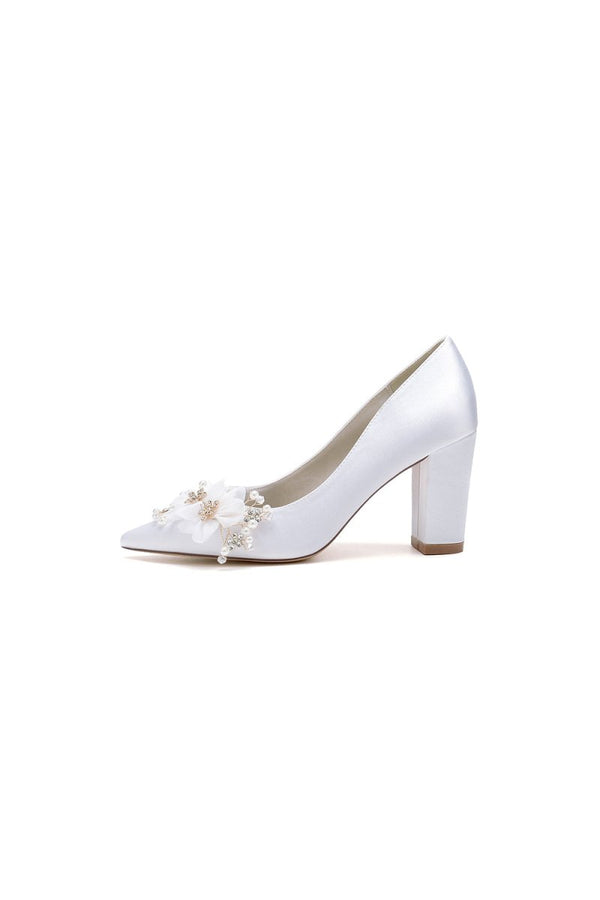 Pointed Toe White Rhinestone Chunky Heels with Flower - KissProm