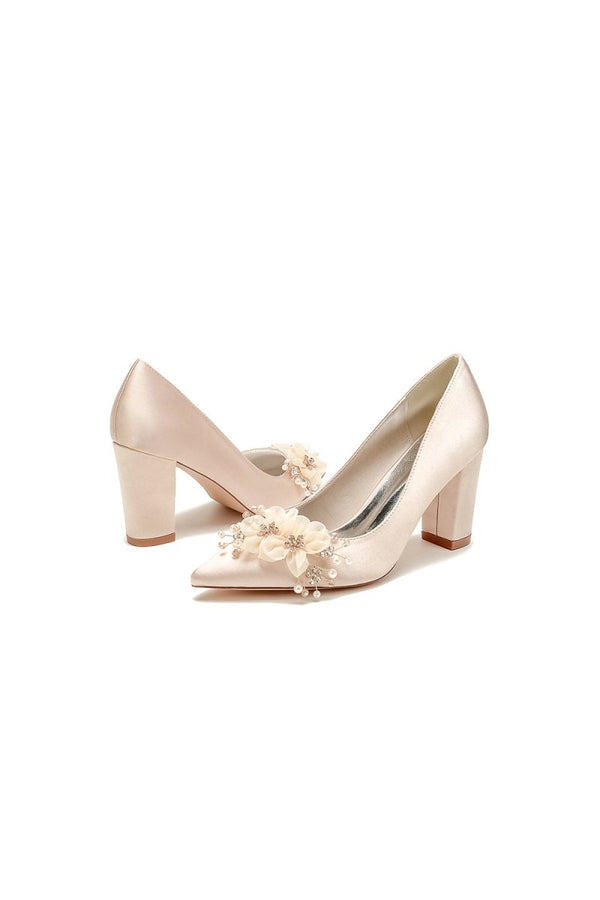 Pointed Toe White Rhinestone Chunky Heels with Flower - KissProm