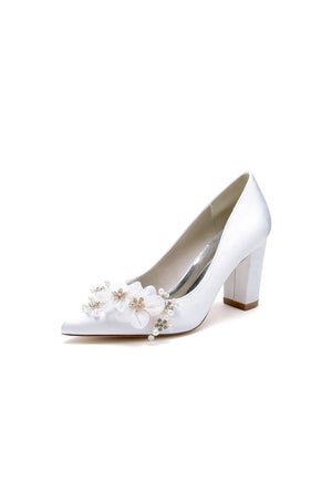 Pointed Toe White Rhinestone Chunky Heels with Flower - KissProm