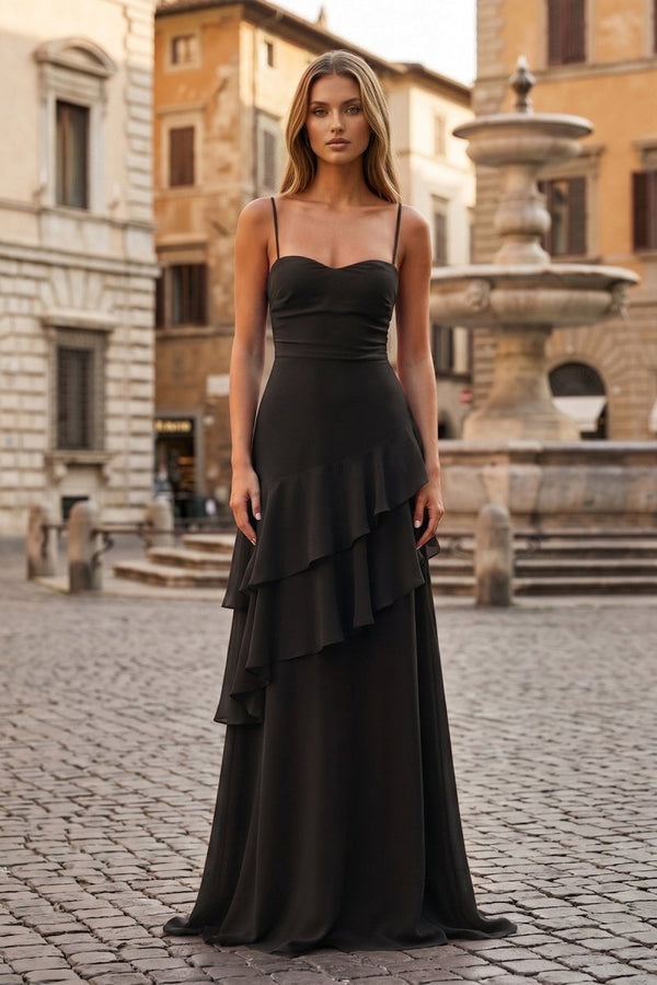 Red Sheath Spaghetti Straps Chiffon Long Prom Dresses with Ruffles - KissProm