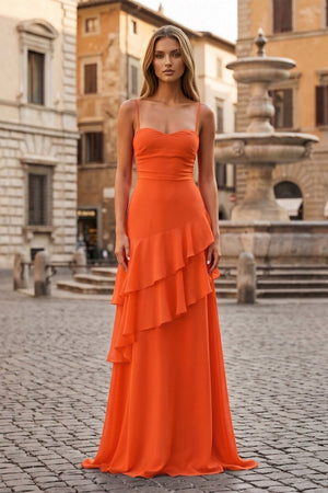Red Sheath Spaghetti Straps Chiffon Long Prom Dresses with Ruffles - KissProm