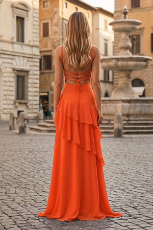 Red Sheath Spaghetti Straps Chiffon Long Prom Dresses with Ruffles - KissProm