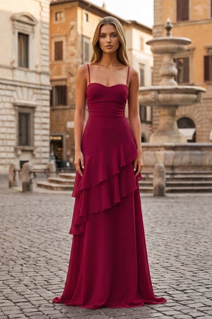 Red Sheath Spaghetti Straps Chiffon Long Prom Dresses with Ruffles - KissProm