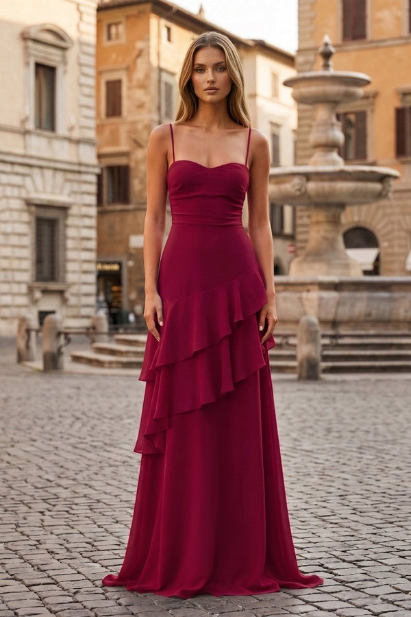 Red Sheath Spaghetti Straps Chiffon Long Prom Dresses with Ruffles - KissProm