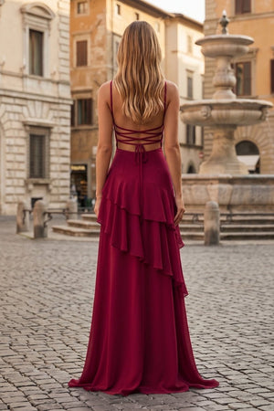 Red Sheath Spaghetti Straps Chiffon Long Prom Dresses with Ruffles - KissProm
