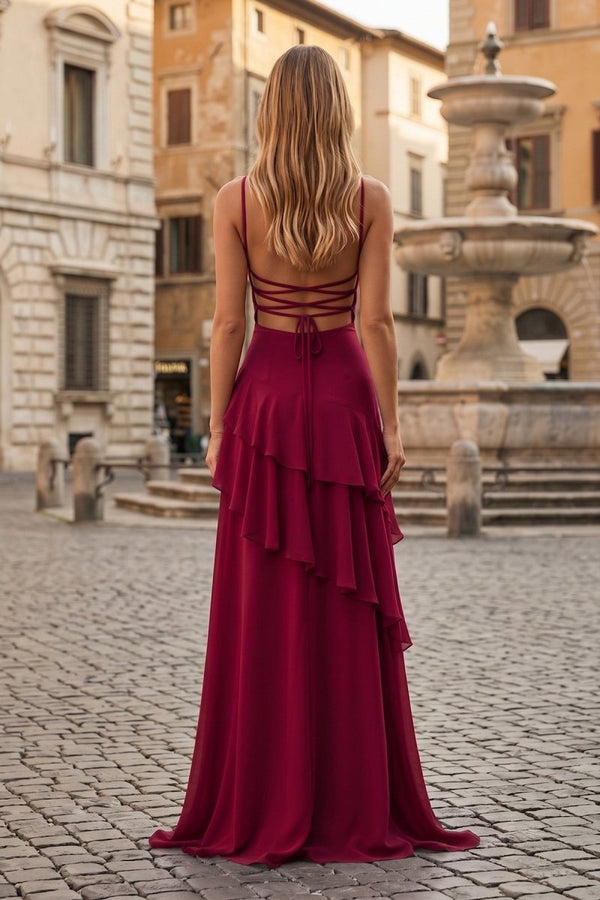 Red Sheath Spaghetti Straps Chiffon Long Prom Dresses with Ruffles - KissProm