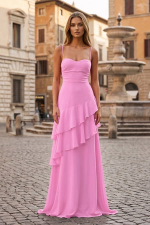 Red Sheath Spaghetti Straps Chiffon Long Prom Dresses with Ruffles - KissProm
