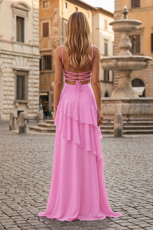 Red Sheath Spaghetti Straps Chiffon Long Prom Dresses with Ruffles - KissProm