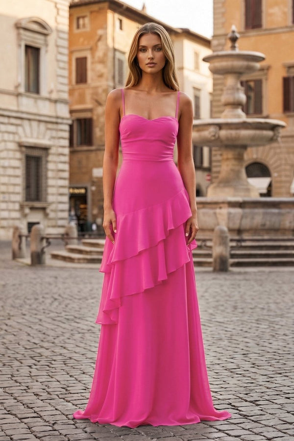 Red Sheath Spaghetti Straps Chiffon Long Prom Dresses with Ruffles - KissProm