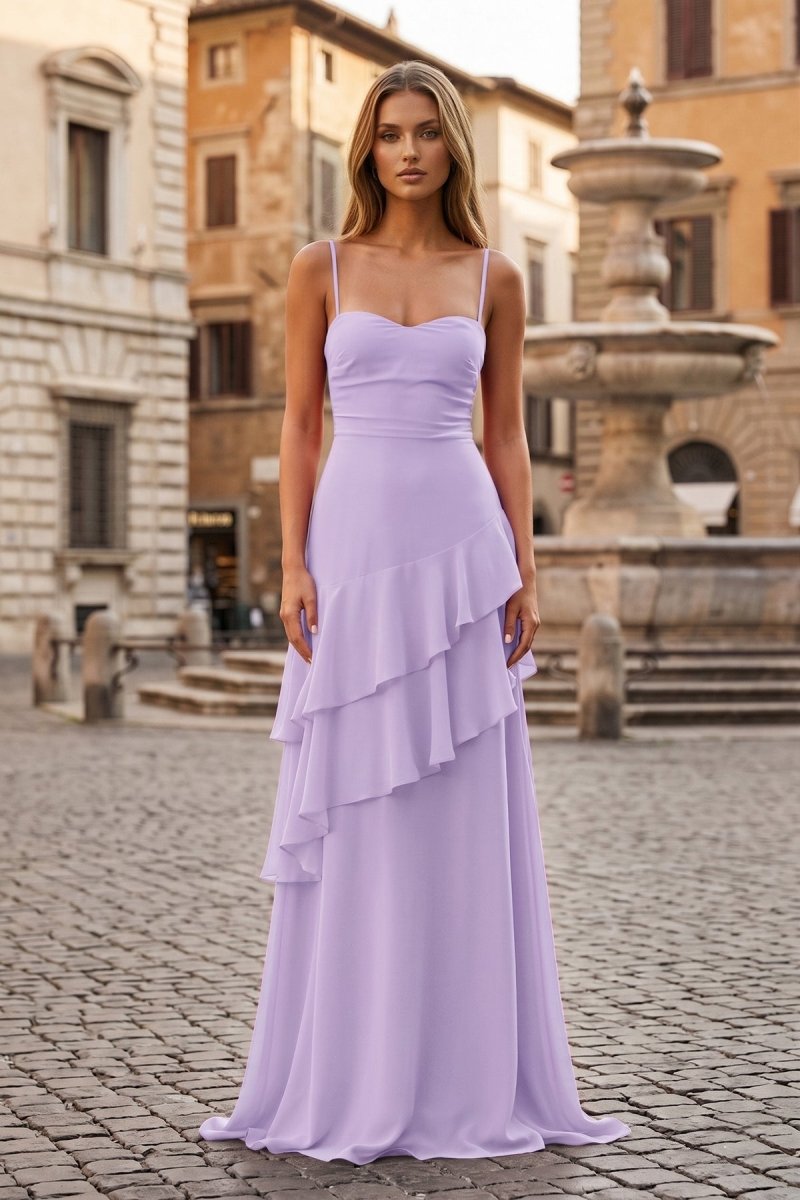 Red Sheath Spaghetti Straps Chiffon Long Prom Dresses with Ruffles - KissProm