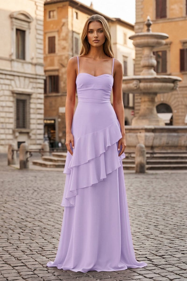 Red Sheath Spaghetti Straps Chiffon Long Prom Dresses with Ruffles - KissProm