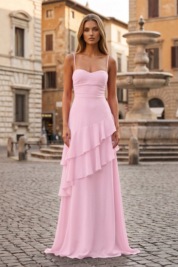 Red Sheath Spaghetti Straps Chiffon Long Prom Dresses with Ruffles - KissProm
