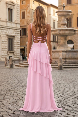 Red Sheath Spaghetti Straps Chiffon Long Prom Dresses with Ruffles - KissProm