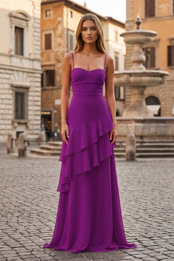 Red Sheath Spaghetti Straps Chiffon Long Prom Dresses with Ruffles - KissProm