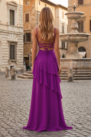Red Sheath Spaghetti Straps Chiffon Long Prom Dresses with Ruffles - KissProm