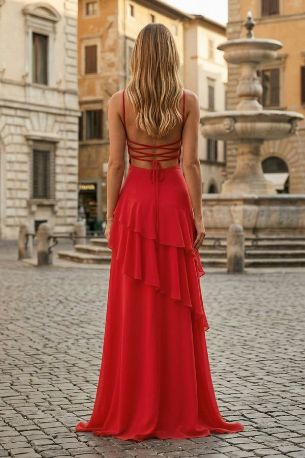 Red Sheath Spaghetti Straps Chiffon Long Prom Dresses with Ruffles - KissProm