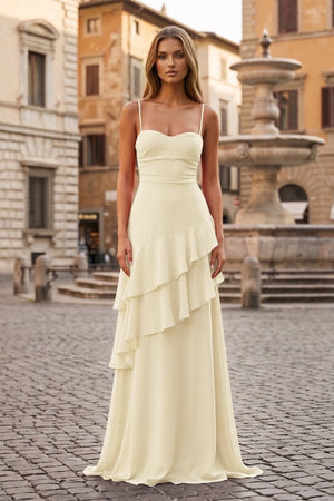Red Sheath Spaghetti Straps Chiffon Long Prom Dresses with Ruffles - KissProm