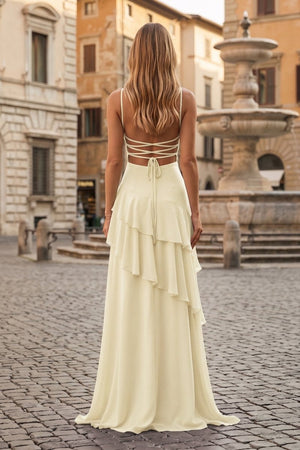 Red Sheath Spaghetti Straps Chiffon Long Prom Dresses with Ruffles - KissProm