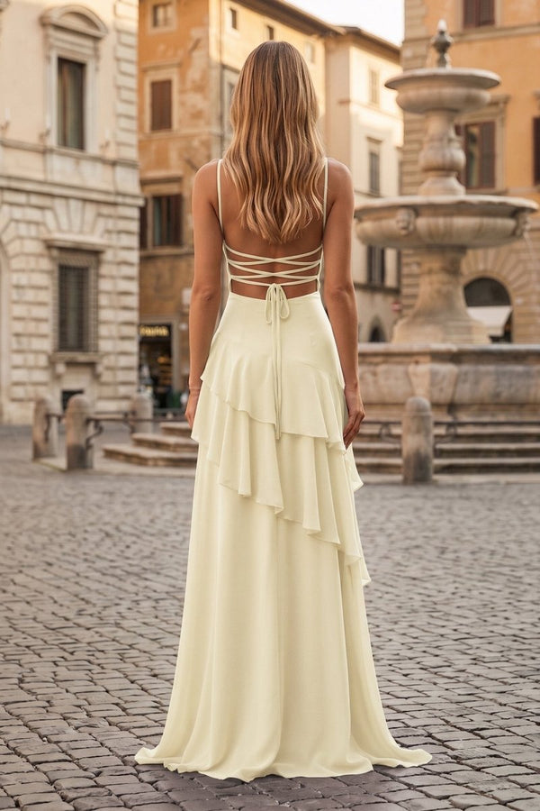 Red Sheath Spaghetti Straps Chiffon Long Prom Dresses with Ruffles - KissProm