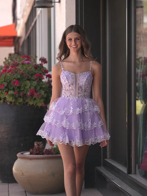 Lavender - A Line V Neck Sequins Short Homcoming Dresses With Appliques