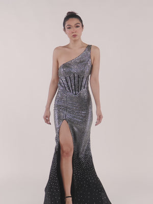 KissProm-Eluned Black One Shoulder Sheath Beaded Prom Dress With Split