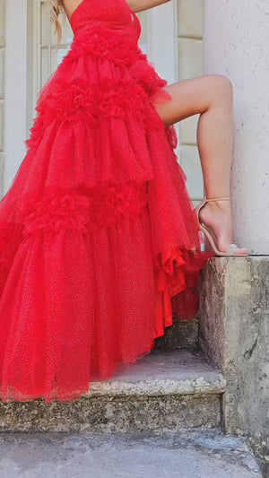 Tulle Deep V Neck Spaghetti Straps Long Prom Dress