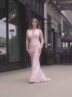 Plunge Neck Light Pink Mermaid Satin Long Prom Dress