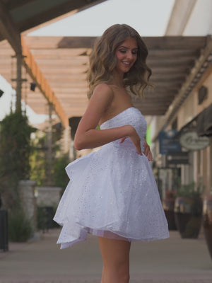 White - A Line Strapless Glitter Tulle Ruffled Homecoming Dresses with Bow